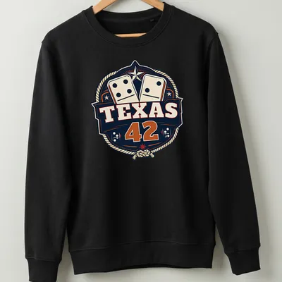 Vintage badge style Texas 42 Dominoes t-shirt in navy, cream, red, and gold — printed on a unisex sweatshirt