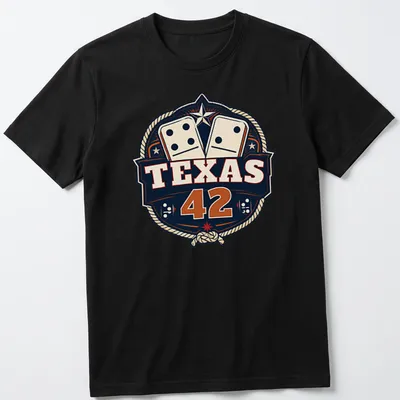 Vintage badge style Texas 42 Dominoes t-shirt in navy, cream, red, and gold