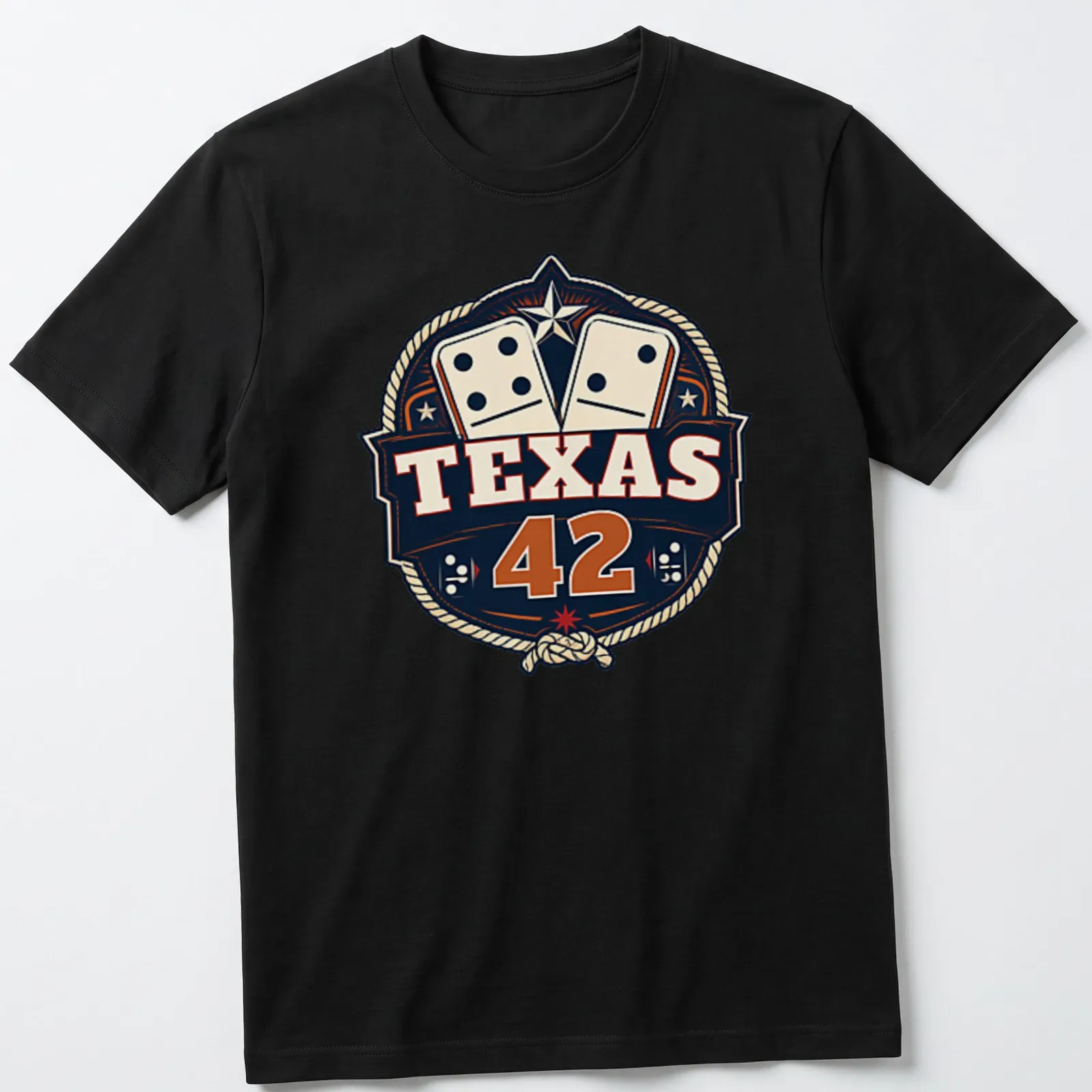 Vintage badge style Texas 42 Dominoes t-shirt in navy, cream, red, and gold — printed on a unisex t-shirt