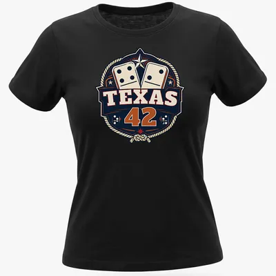 Vintage badge style Texas 42 Dominoes t-shirt in navy, cream, red, and gold — printed on a women's shirt