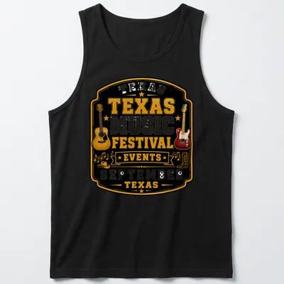 Vintage badge style T-shirt featuring acoustic and electric guitars with festival text — printed on a tank top