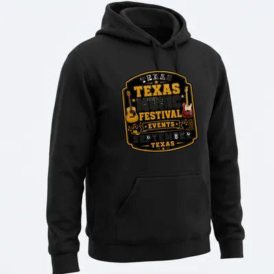 Vintage badge style T-shirt featuring acoustic and electric guitars with festival text — printed on a unisex hoodie