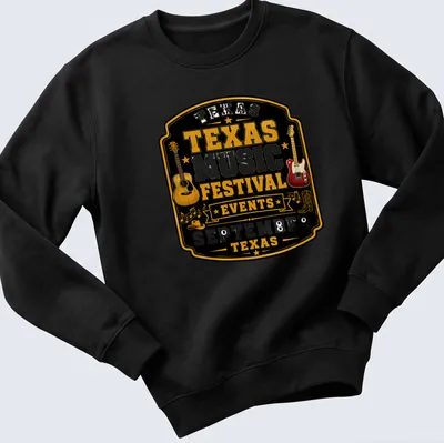 Vintage badge style T-shirt featuring acoustic and electric guitars with festival text — printed on a unisex sweatshirt
