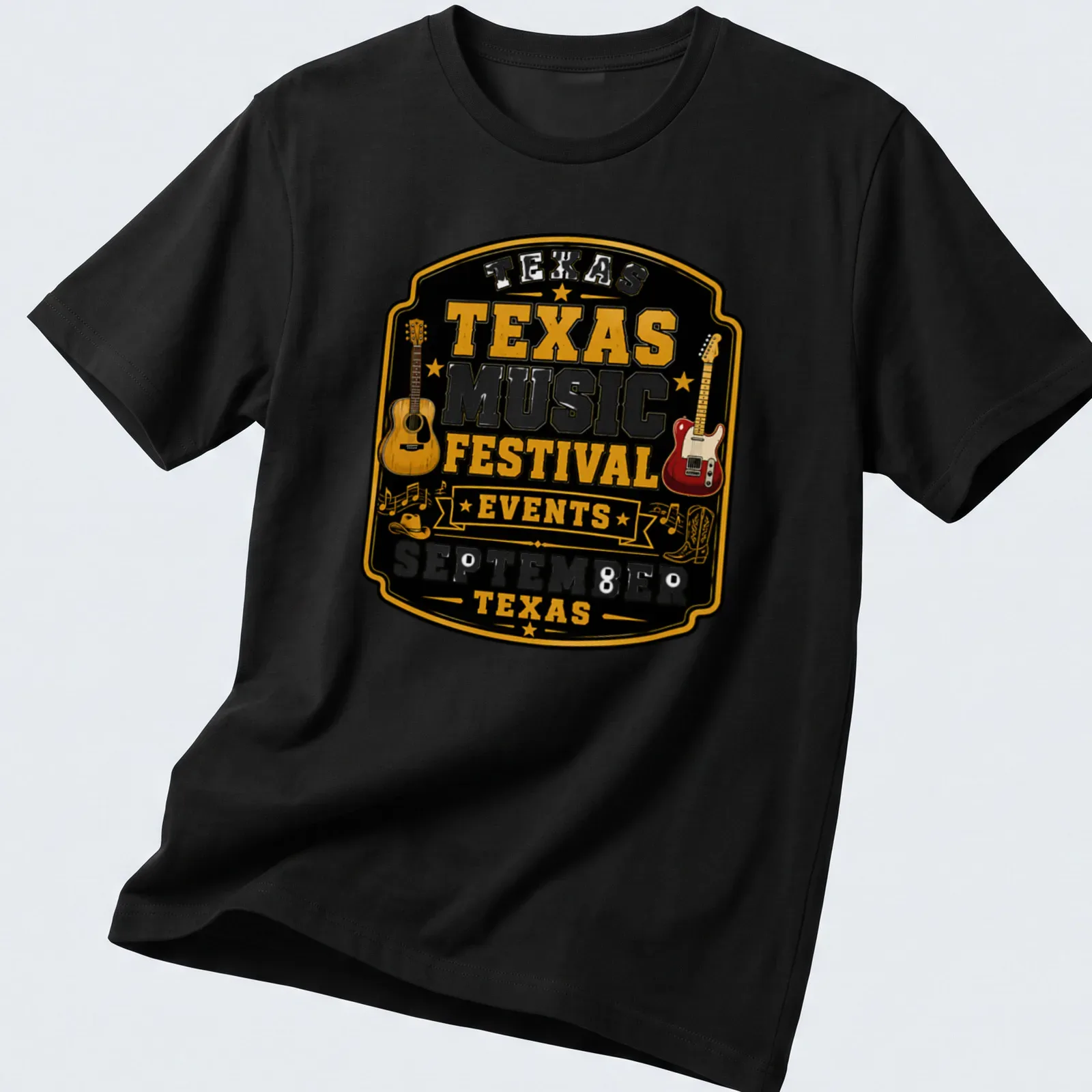Vintage badge style T-shirt featuring acoustic and electric guitars with festival text — printed on a unisex t-shirt