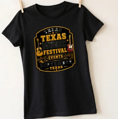 Vintage badge style T-shirt featuring acoustic and electric guitars with festival text — printed on a women's shirt