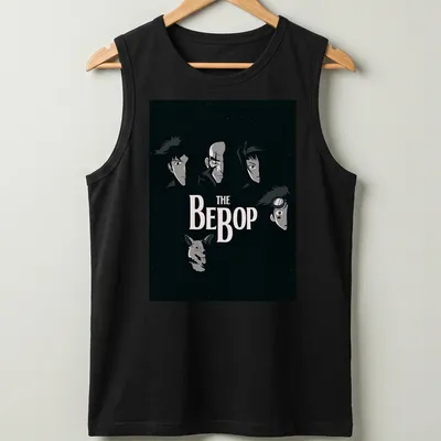 Dark anime style t-shirt featuring Bebop Crew characters with bold text — printed on a tank top
