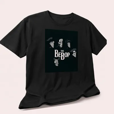 Dark anime style t-shirt featuring Bebop Crew characters with bold text — printed on a unisex t-shirt (angled view)