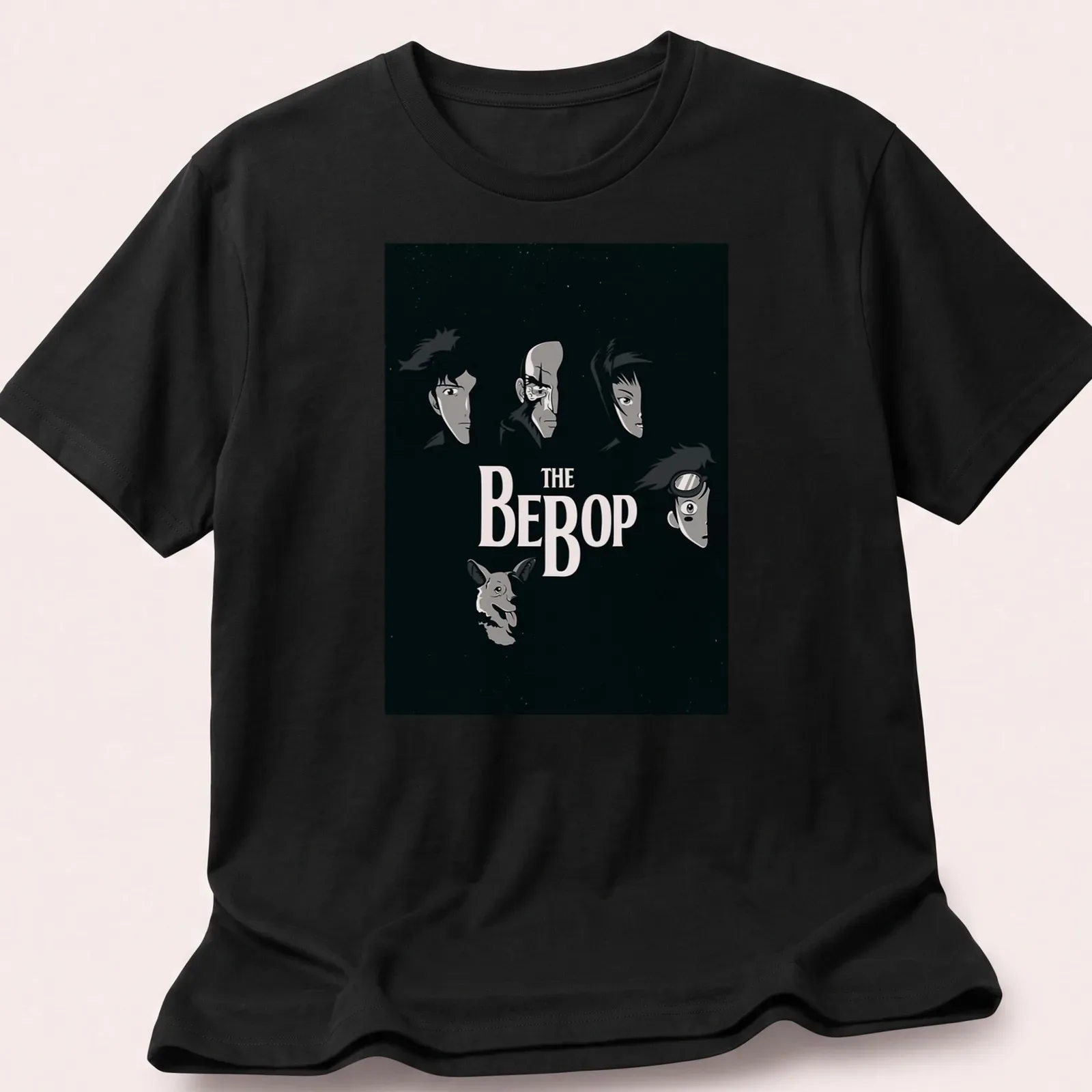 Dark anime style t-shirt featuring Bebop Crew characters with bold text — printed on a unisex t-shirt