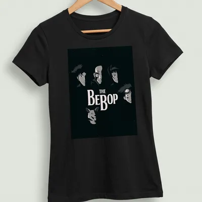 Dark anime style t-shirt featuring Bebop Crew characters with bold text — printed on a women's shirt