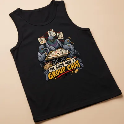 Humorous cartoon pigeons gathered at a table discussing their group chat in colorful tones. — printed on a tank top