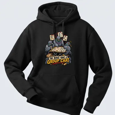 Humorous cartoon pigeons gathered at a table discussing their group chat in colorful tones. — printed on a unisex hoodie