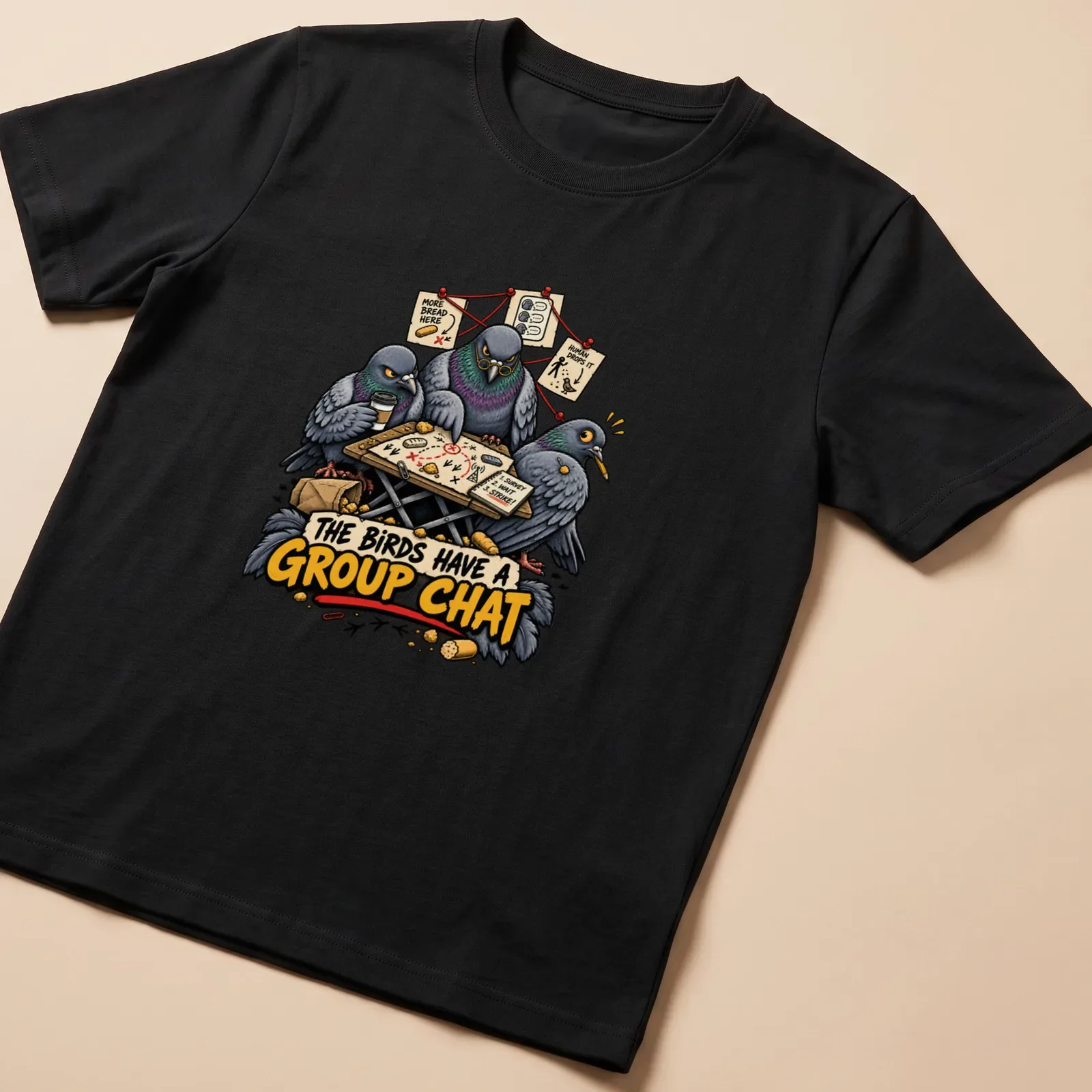 Humorous cartoon pigeons gathered at a table discussing their group chat in colorful tones. — printed on a unisex t-shirt
