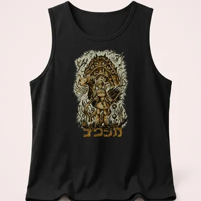 Vintage illustration with a girl, camel, and turtle on a cream background — printed on a tank top