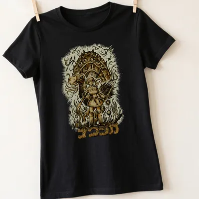 Vintage illustration with a girl, camel, and turtle on a cream background — printed on a women's shirt