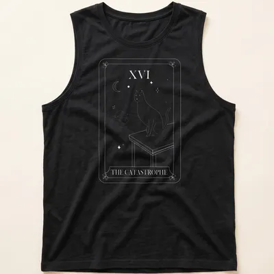 Tarot card style T-shirt featuring a humorous cat design with the text The Catastrophe — printed on a tank top