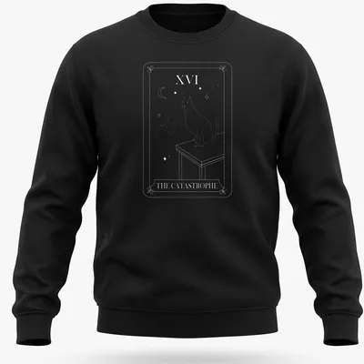 Tarot card style T-shirt featuring a humorous cat design with the text The Catastrophe — printed on a unisex sweatshirt