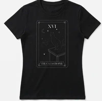 Tarot card style T-shirt featuring a humorous cat design with the text The Catastrophe — printed on a women's shirt