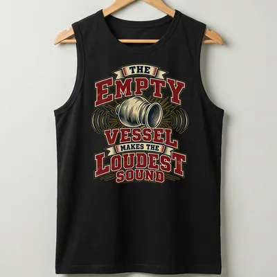 Vintage typography tee with the phrase 'The Empty Vessel Makes The Loudest Sound' in red, cream, black, and gold. — printed on a tank top