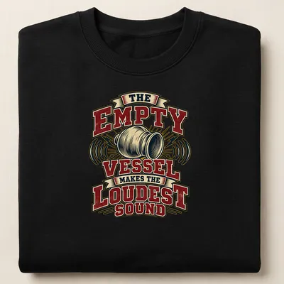 Vintage typography tee with the phrase 'The Empty Vessel Makes The Loudest Sound' in red, cream, black, and gold. — printed on a unisex sweatshirt