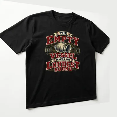 Vintage typography tee with the phrase 'The Empty Vessel Makes The Loudest Sound' in red, cream, black, and gold. — printed on a unisex t-shirt (angled view)