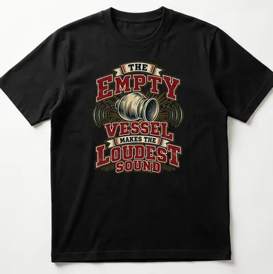 Vintage typography tee with the phrase 'The Empty Vessel Makes The Loudest Sound' in red, cream, black, and gold.