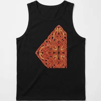 Intricate Celtic endless knot pattern in red and gold with cream accents. — printed on a tank top