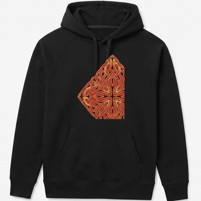 Intricate Celtic endless knot pattern in red and gold with cream accents. — printed on a unisex hoodie