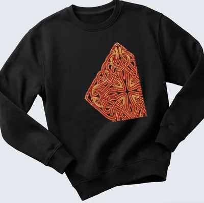 Intricate Celtic endless knot pattern in red and gold with cream accents. — printed on a unisex sweatshirt