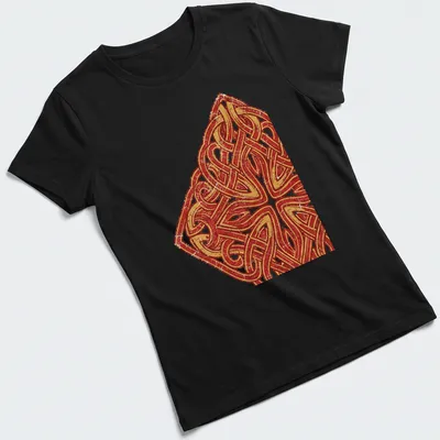 Intricate Celtic endless knot pattern in red and gold with cream accents. — printed on a women's shirt