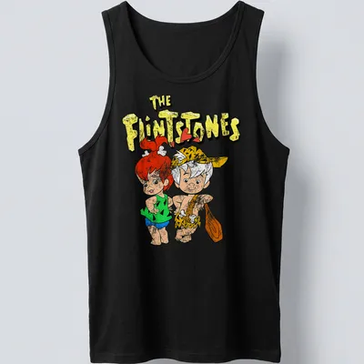 Vintage cartoon design featuring The Flintstones characters in bright colors. — printed on a tank top