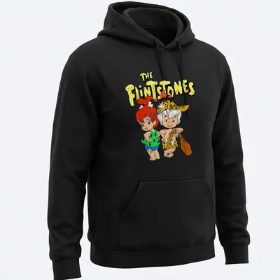 Vintage cartoon design featuring The Flintstones characters in bright colors. — printed on a unisex hoodie