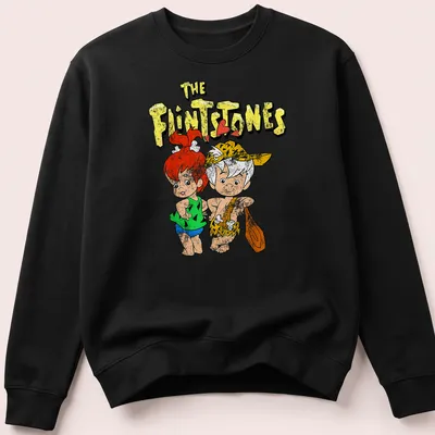 Vintage cartoon design featuring The Flintstones characters in bright colors. — printed on a unisex sweatshirt