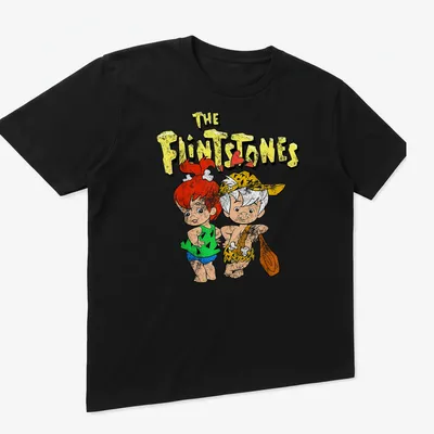 Vintage cartoon design featuring The Flintstones characters in bright colors. — printed on a unisex t-shirt (angled view)