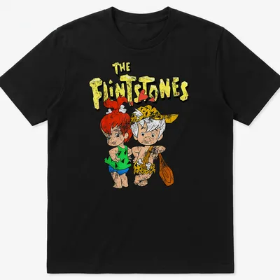 Vintage cartoon design featuring The Flintstones characters in bright colors.
