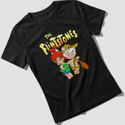 Vintage cartoon design featuring The Flintstones characters in bright colors. — printed on a women's shirt