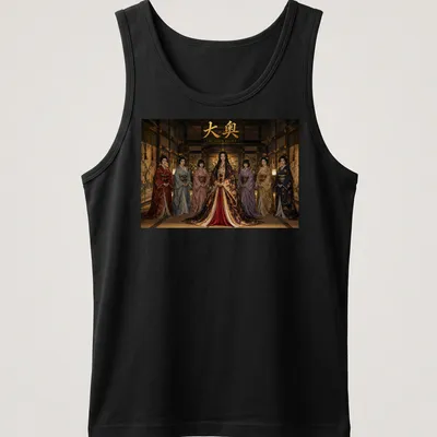 Realistic print showcasing women in traditional Japanese attire with text above — printed on a tank top