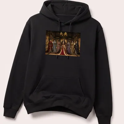 Realistic print showcasing women in traditional Japanese attire with text above — printed on a unisex hoodie
