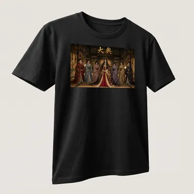 Realistic print showcasing women in traditional Japanese attire with text above — printed on a unisex t-shirt (angled view)