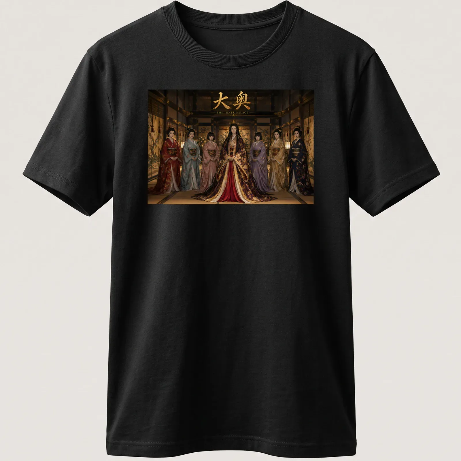 Realistic print showcasing women in traditional Japanese attire with text above — printed on a unisex t-shirt