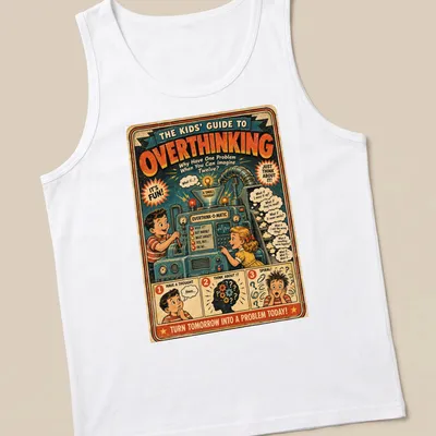 Retro vintage t-shirt showing kids at an overthinking machine with humorous prompts — printed on a tank top