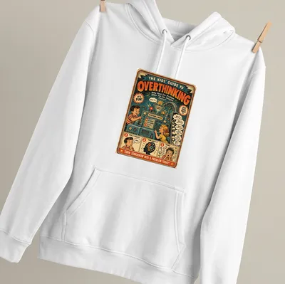 Retro vintage t-shirt showing kids at an overthinking machine with humorous prompts — printed on a unisex hoodie