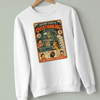 Retro vintage t-shirt showing kids at an overthinking machine with humorous prompts — printed on a unisex sweatshirt