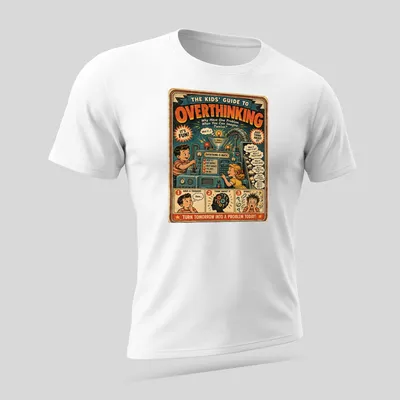 Retro vintage t-shirt showing kids at an overthinking machine with humorous prompts — printed on a unisex t-shirt (angled view)
