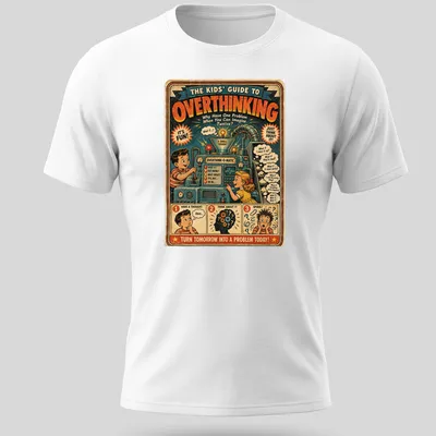 Retro vintage t-shirt showing kids at an overthinking machine with humorous prompts