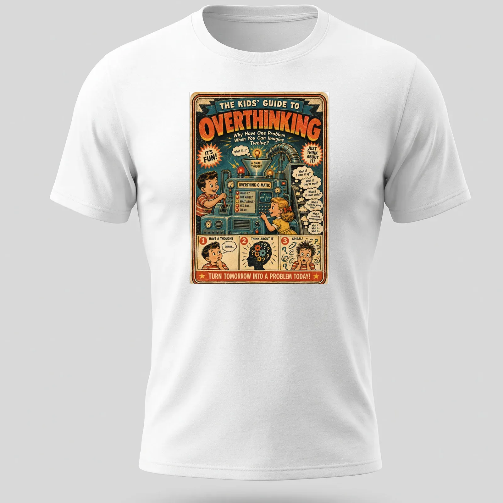 Retro vintage t-shirt showing kids at an overthinking machine with humorous prompts — printed on a unisex t-shirt