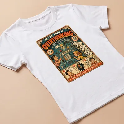 Retro vintage t-shirt showing kids at an overthinking machine with humorous prompts — printed on a women's shirt