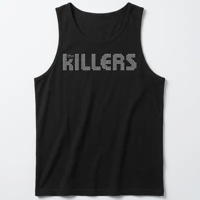 White t-shirt featuring the KILLERS band name in dotted typography — printed on a tank top
