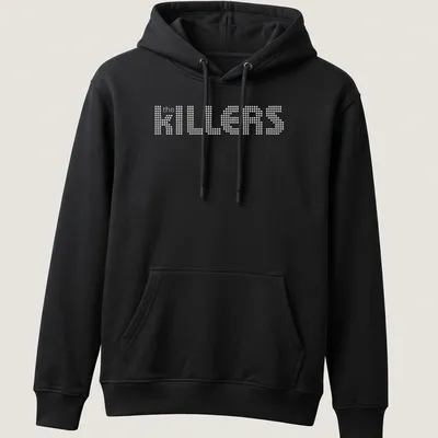 White t-shirt featuring the KILLERS band name in dotted typography — printed on a unisex hoodie