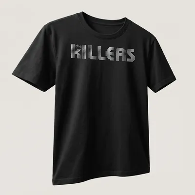 White t-shirt featuring the KILLERS band name in dotted typography — printed on a unisex t-shirt (angled view)