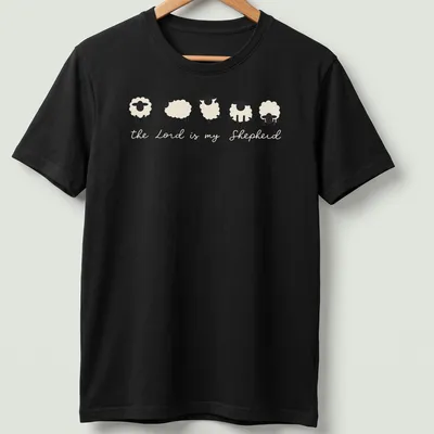 Minimalist sheep illustration with the text 'the Lord is my Shepherd' in cream and black.